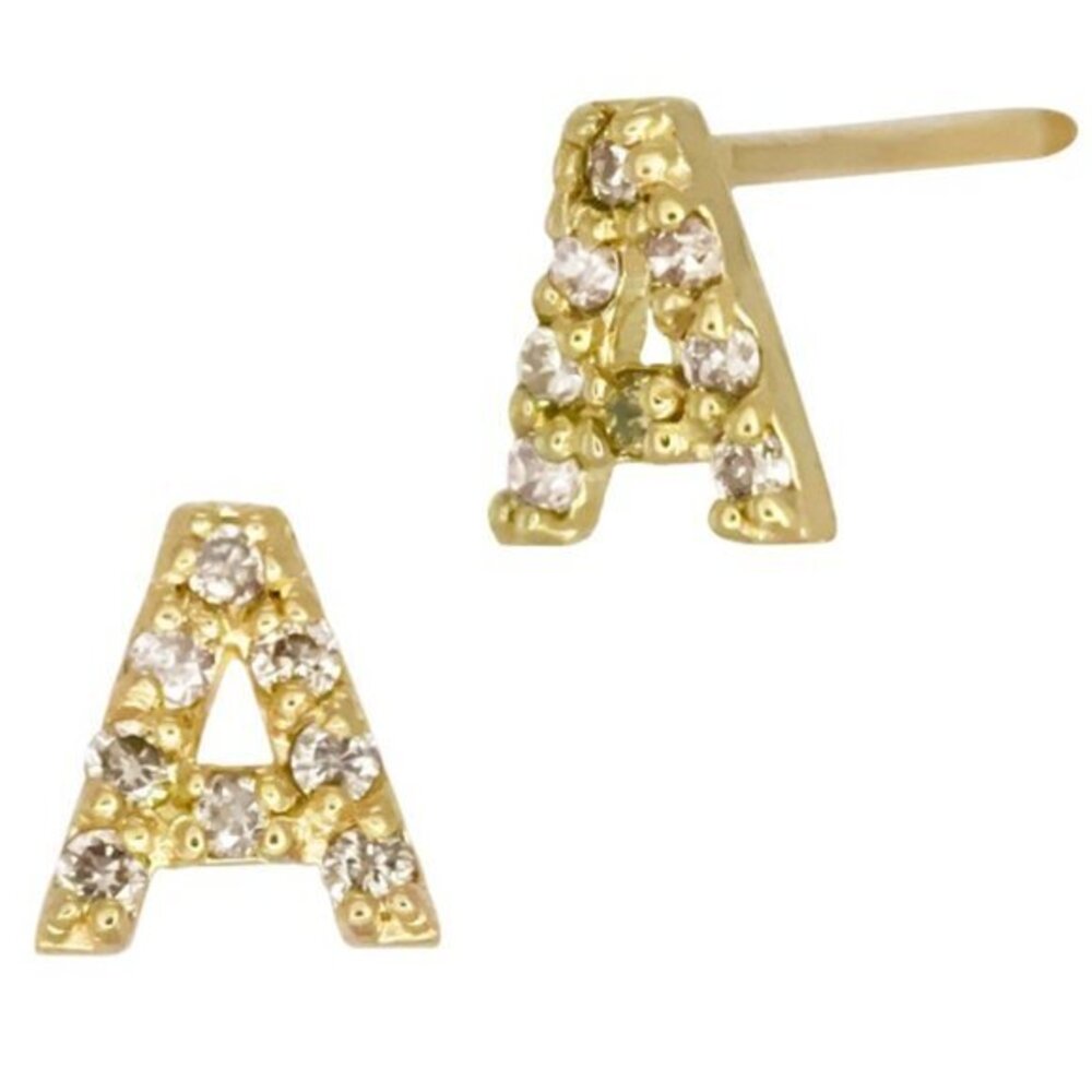 one Pair 14K Gold Block Letter initial Alphabet Initial Stud Diamond Earrings